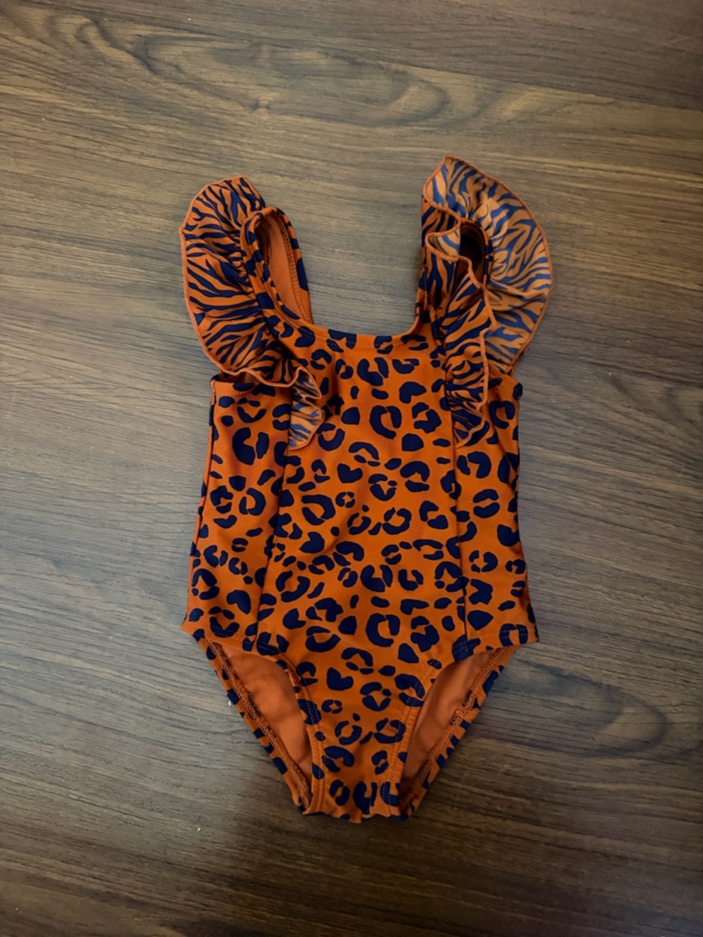 Cat & Jack Orange and Navy Leopard Ruffle Swim One-Piece Size 18M